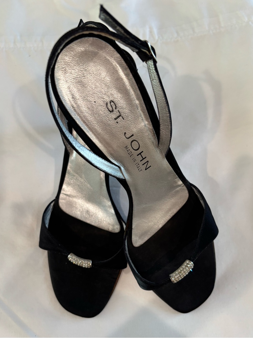 St. John Black satin Rhinestone Slingback  Heels